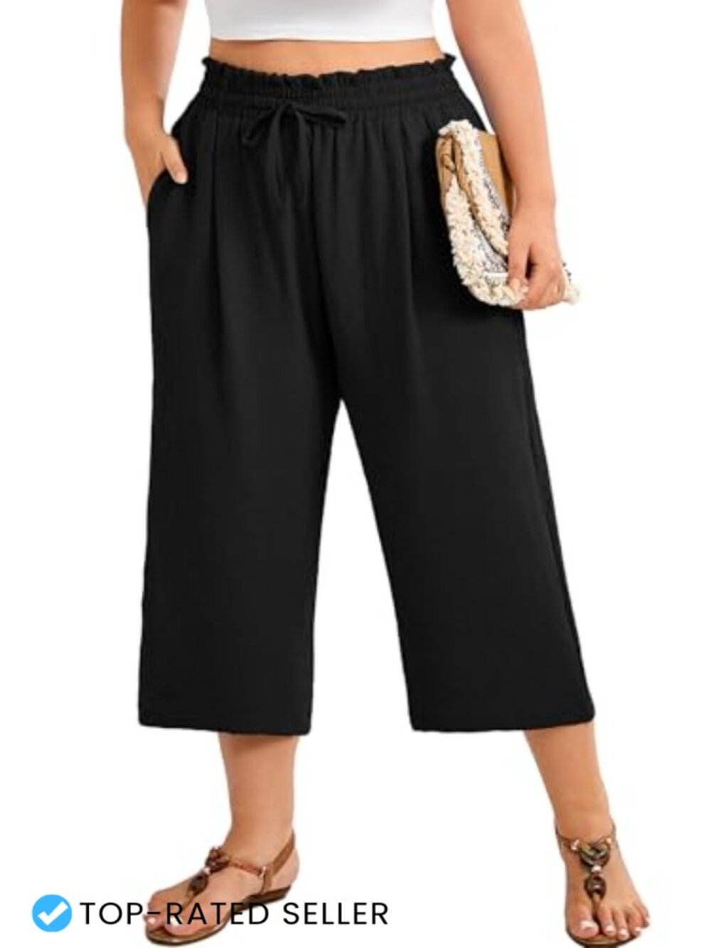 Plus Size Capri Wide Leg Pants with Pockets High Waisted Drawstring Summer